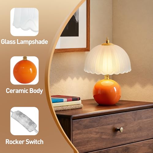 PARTPHONER Mushroom Table Lamp, Ceramic Bedside Lamp with Glass Shade, 3-Way Lighting (2700K-5000K) Rocker Switch, Small Nightstand Lamp for Bedroom, Living Room, Office, Orange - color: Orange