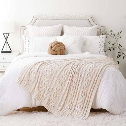Battilo Cream White Ivory Throw Blanket for Couch, 51x 67 Inch, Woven Chenille Knit Throw Blanket for Chair, Super Soft Warm Decorative Textured Throw Blanket for Bed, Sofa and Living Room. - color: Ivory