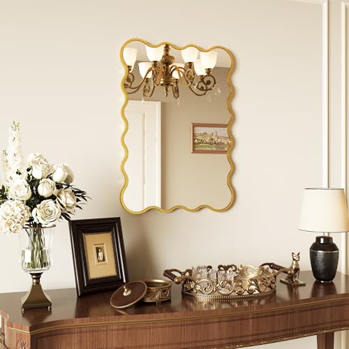 Kelly Miller 22x32 Inch Gold Scalloped Mirror, Large Rectangular Wavy Edge Bathroom Vanity Wall Mirror Decorative for Bedroom Living Room Entryway Fireplace Mantle - size: 32"L x 22"W
