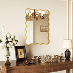Kelly Miller 22x32 Inch Gold Scalloped Mirror, Large Rectangular Wavy Edge Bathroom Vanity Wall Mirror Decorative for Bedroom Living Room Entryway Fireplace Mantle - size: 32"L x 22"W