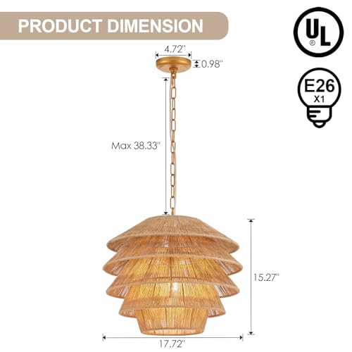 18” Boho Pendant Light Hand Woven Adjustable Brass Coastal Chandelier for Kitchen Island Dining Living Room Entryway Foyer, UL Listed