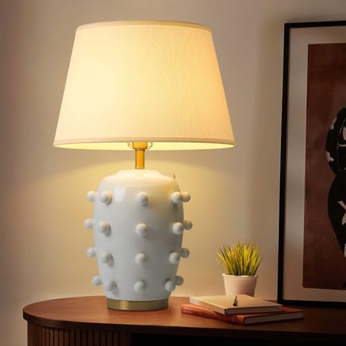 Modern Ceramic Linden Table Lamp - 26" White Ball Farmhouse Design, Classic Table Lamp Pottery Tapered Drum Shade for Living Room, Bedroom, Office, and Home （White） - color: White Pottery, size: 26 inch