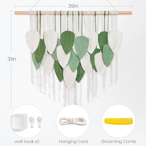 NYEONHRT Large Macrame Wall Hanging Handmade Boho Leaf and Feather Tapestry for Modern Home Decor Perfect Wall Art for Living Room Bedroom Nursery Apartment Backdrop 39x31 Inch (White green) - color: White green 39*31in