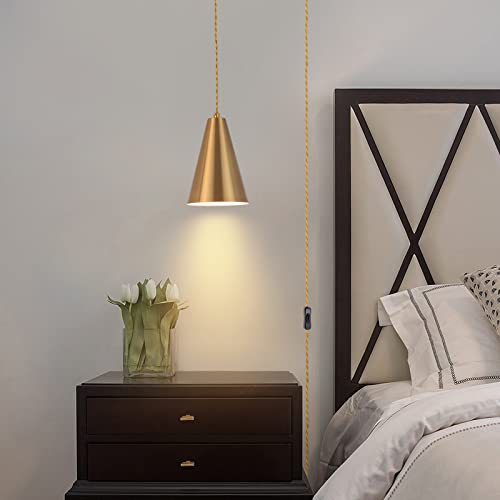 Gold Plug In Pendant Light,Hanging Lights With Plug In Cord On/Off Switch, Mini Brass Pendant Lights for Kitchen Island,Modern Chandeliers Light Fixture with Metal Shade,Hanging Lamps for Bedroom - color: 1Pack gold-Plug in