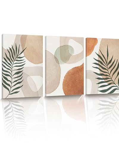 HesenDot Abstract Botanical Wall Art Set of 3, 40x60CM Neutral Plant Framed Canvas Prints, Beige Green Boho Aesthetic Wall Decor for Living Room Bedroom Bathroom Office Home - color: Abstract Wall Art-Framed, size: 24"L x 16"W