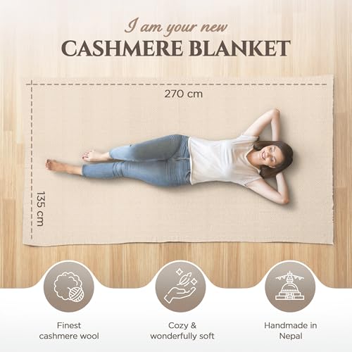 Cashmere Blanket – Hand Woven 100% Pure Wool Throw Blanket, 135 x 270 cm – Herringbone Pattern Cozy, and Soft Blanket for Bed, Sofa, or Couch - Made in Nepal - color: Gold Beige