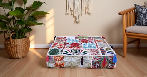 CRAFT KALA Indian Square Patchwork Traditional Pouf Cover Indian Living Room Poufs Decorative Embroidered Designer Ottoman Home Living Footstool Chair Cover Decor Pillow Cover 18x18x5 inches Off White - color: Off White, size: 18"D x 18"W x 5"H