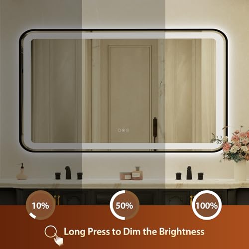 32x55 Inch LED Bathroom Mirror with Black Frame,Front and Backlit Vanity Mirror,Tempered Glass,Stepless Dimmable Wall Mirrors with Anti-Fog, 3 Colors, Memory, Waterproof, LED Smart Bathroom Mirror - color: Black, size: 32"L x 55"W