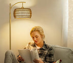 eyassi Arc Floor Lamp with 3 Color Temperatures, LED Gold Floor Lamp with Remote & Stepless Dimmable Bulb, Boho Standing Lamp with Rattan & Fabric Shades, Farmhouse Tall Lamp for Living Room Bedroom - style: Bohemian-Gold