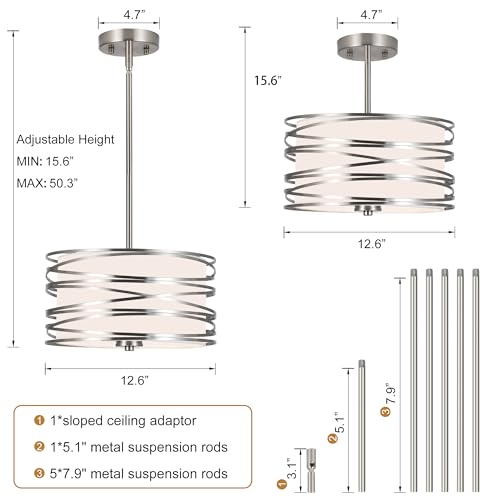 ACNKTZ 12.6'' Brushed Nickel Drum Chandelier, 3-Lights Hanging Dining Room Light Fixtures Over Table, Simple Round Pendant Lighting for Kitchen Island Hallway Bedroom Foyer Bathroom Office - color: Brushed Nickel, size: 12.6"/3-Light