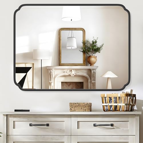Ferytange 36 x 48 Inch Black Bathroom Vanity Mirror for Wall with Non-Rusting Metal Frame Large Rounded Rectangle Mirror for Over Sink (Horizontal/Vertical) - color: Black, size: 48"L x 36"W
