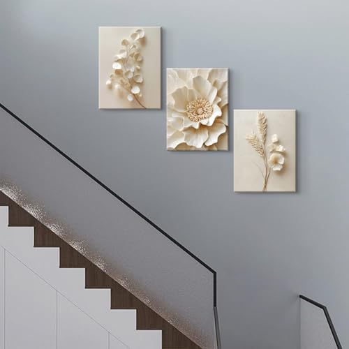 3 Pcs Neutral Beige Botanical Wall art Modern Minimalist Florals Wall Decor White Neutral Botanical Posters Prints Beige Bloom Florals Textured Paintings Vintage Blossom Pictures(12x16in Canvas) - color: Canvas-Beige, size: 12L" x 16W"