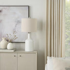 Nourison Home 22" White Glossy Ceramic Table Lamp with Oatmeal Linen Shade for Modern Farmhouse, Bedside Lamp, Living Room Lamp, Small Accent Lamp for Dining Room - color: White