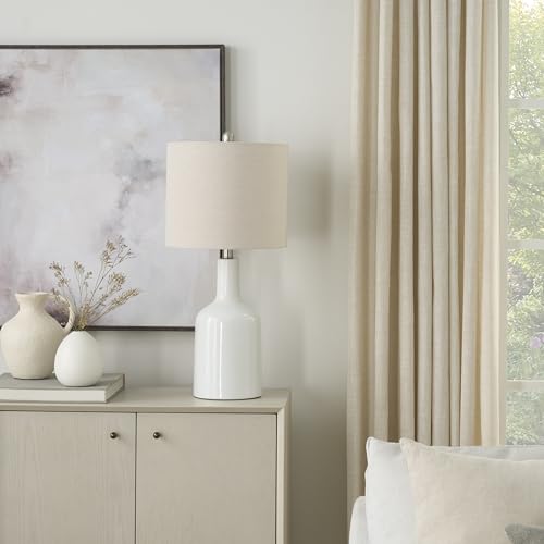 Nourison Home 22" White Glossy Ceramic Table Lamp with Oatmeal Linen Shade for Modern Farmhouse, Bedside Lamp, Living Room Lamp, Small Accent Lamp for Dining Room - color: White