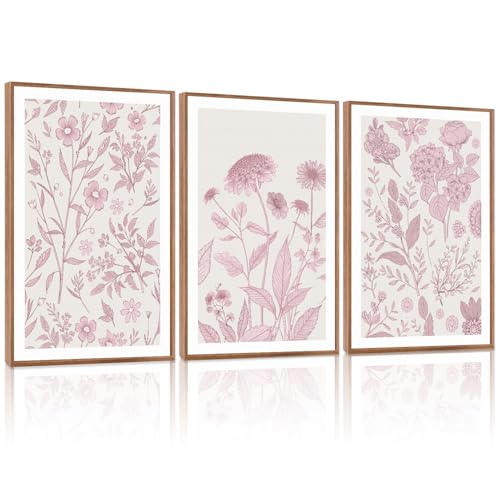 KAIRNE Floral Wall Art Set of 3,Framed Vintage Botanical Flower Canvas Prints,Pink and White Minimalist Wildflower Artwork,Modern Farmhouse Boho Decor for Living Room Bedroom Office Kitchen,16X24 inch - color: Pink Wildflower(medium), size: 16"Lx24"W