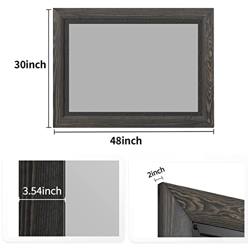 YOSHOOT Rustic Wooden Framed Wall Mirror, 48"x30", Natural Wood and Iron Bathroom Vanity Mirror for Farmhouse Decor, Vertical or Horizontal Hanging - color: Ebony, size: 48"L x 30"W