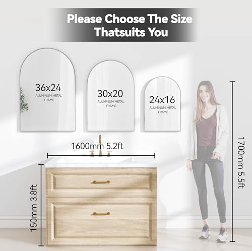 SCWF-GZ 30x20 Arch Mirror Rectangle Wall Mounted Hanging or Against Wall Aluminum Alloy Metal Frame Dressing Make-up Mirrors for Entryway Bedroom Bathroom Living Room 30 20 inch Silver - color: Silver, size: 30"L x 20"W
