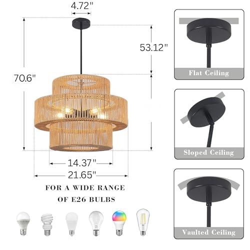 22" Boho Hand Woven Rattan Chandelier Light Fixtures, 5 Light Farmhouse Pendant Light for Kitchen Island, 3 Round Large Wicker Chandeliers for Dining Room, Living Room, Bedroom, Hallway - color: Beige, size: 22 Inch