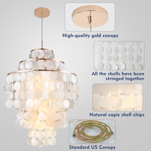 Capiz Shell Chandelier,18" Gold Coastal Chandelier Light Fixture with 4 Lights Capiz Seashell Pendant for Living Room Foyer Kitchen Island Entryway Dining Room Bedroom,LED Bulb Included - size: 18 inch
