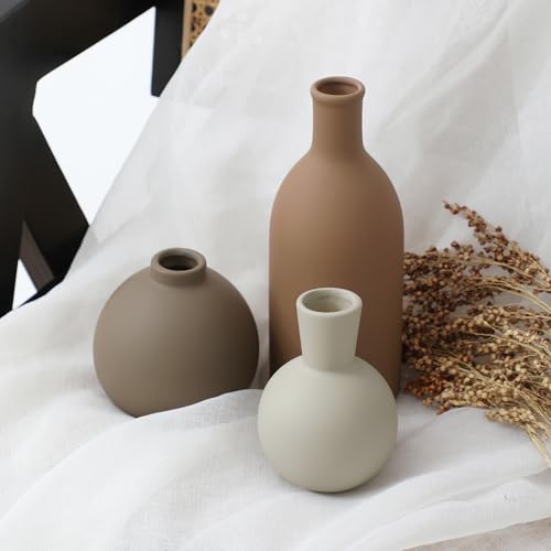 Ceramic Vase Set of 3, Vases Home Decor Rustic Farmhouse Decorative Vase Pottery Vases for Bouquet Pampas Grass Dried Fresh Flowers, Table Living Room Kitchen Bedroom Bathroom - Brown - color: 001-brown