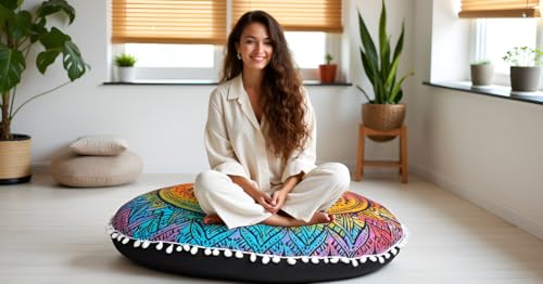 Round Mandala Floor Pillow Cover Seating Cushion Throw Cover Hippie Decorative Bohemian Ottoman Pouf Cover, Pom Pom Pillow Cases,Boho Indian 22 Inches (Multi Flower) - color: Multi Flower