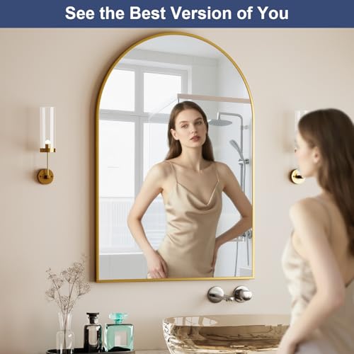 HARRITPURE Arched Bathroom Mirror - 30"x48" Gold Large Wall Mounted Vanity Mirror Aluminum Alloy Frame Arch Wall Mirror for Living Room, Bedroom, Entryway - color: Gold-1pcs, size: 48"L x 30"W