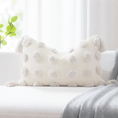 PANOD Super Soft Farmhouse Decorative Plush Throw Pillow Covers 12 x 20 White,Solid Pom pom Tufted with Tassels Modern Accent Boho Lumbar Cushion Cover Pillow Case for Couch Sofa - color: White, size: 20" x 12" (Pack of 1)
