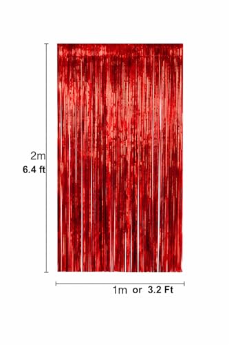 Red Foil Fringe Curtain Backdrop 2 Pack, Metallic Tinsel Curtain Party Decorations, Shimmer Photo Booth Backdrop for Birthday, Graduation, Wedding, Valentine’s Day, Doorway Decor 3.2 x 6.4 ft - color: Red