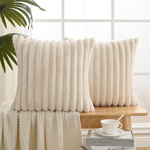 Volcanics Set of 2 Faux Fur Plush Decorative Throw Pillow Covers 18x18 Inches, Striped Cushion Cases Soft Fluffy Accent Pillowcases for Sofa, Couch and Bed, Beige - color: Beige, size: 18" x 18" (Pack of 2)
