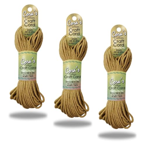 Cora's Cotton Macrame Cord | 2mm x 100ft 3-Pack | Braided Cotton Cord for Macrame | Macrame, DIY Crafts, Plant Hangers, Wall Hanging, Crochet | Durable, Long Lasting, Vibrant (Ochre) - color: Ochre