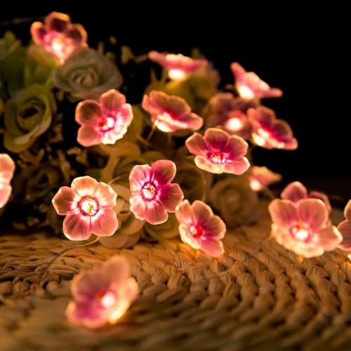 Cherry Blossom String Lights, Flower Fairy Lights Aesthetic Room Decor, Sakura Floral Garland Battery Operated for Bedroom, Girls Gift, Spring Party (Warm White, 10ft 30 LED)