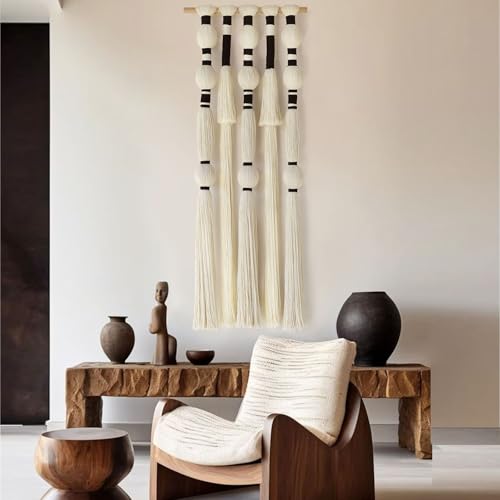 Flber Macrame Wall Hanging Tassels Sphericity Cotton Textile Hanging Geometric Yarn Wall Art for Bedroom Living Room Decor 15.7" W x 39" L - color: Ivory