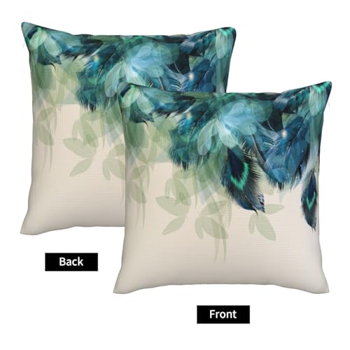 Watercolor Peacock Feather Pillow Covers 18 x 18 Set of 2 Green and Teal Throw Pillow Cover Vintage Decorative Pillowcases Farmhouse Home Decor for Couch Bed Sofa Outdoor - color: Peacock Feather