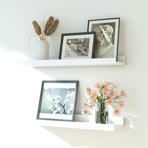 White Floating Shelves for Wall Decor, Wall Mounted Wood Storage Shelf for Bedroom, Living Room, Bathroom, Kitchen, Nursery, Display Picture Ledge Shelf with Lip Set of 2-16 Inches, White - color: White, size: 15.8in