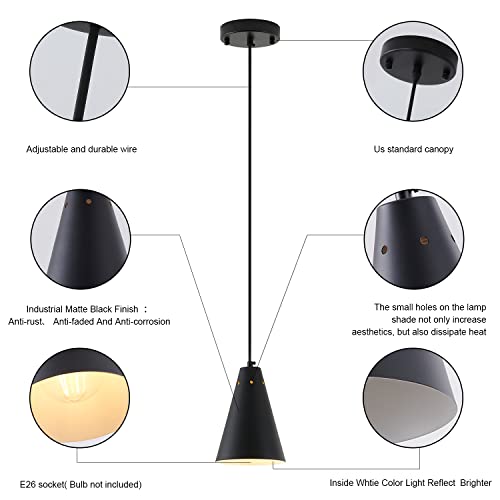 Black Pendant Light for Kitchen light fixtures,Small Modern Industrial Chandeliers with Cone Metal Shade,Mini Adjustable Cord Hanging Lighting Fixtures for Over island,Bar,Dining Room.(1 Pack) - color: 1Pack Black