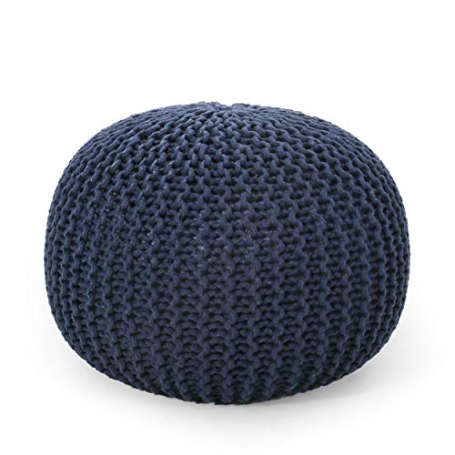Round Boho Pouf Ottoman - Cable Knitted Cord Boho Pouffe - Stuffed Poof Accent Beanbag Footrest for Living Room - Nursery - Bedroom - Covered Patio - Study Nook (20"x20"x13") (Navy Blue) - color: Navy Blue