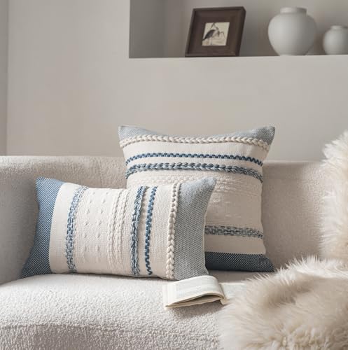 Cethom Boho Throw Pillow Covers 20x20 Inch Set of 2, Blue Textured Decorative Couch Pillow Cases for Farmhouse Home Decor, Accent Cushion Cover for Sofa, Bed, Living Room, Bedroom - color: Blue, size: 20" x 20" (Pack of 2)