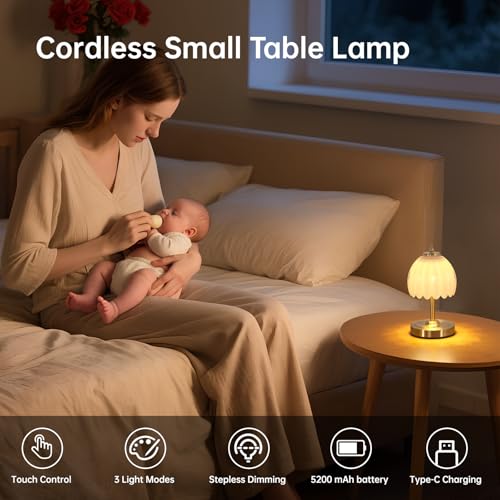 Shenmoyl Tulip Small Table Lamp, 5200mAh Cordless Touch Control Mini Table Lamp with 3 Color Temps & Stepless Dimming, Perfect for Small Spaces Like Dressers, Bedsides, Bookshelves (White Tulip) - color: White Small, size: 1 Pack