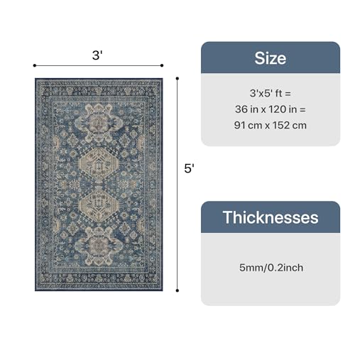 Bavni 3x5 Area Rug for Living Room Bedroom, Washable Boho Print Vintage Aesthetic Rug, Ultra-Thin Low Pile Rugs for Entryway Playroom with Non Slip Backing, Blue - color: Blue, size: 3' x 5' (Rectangular)