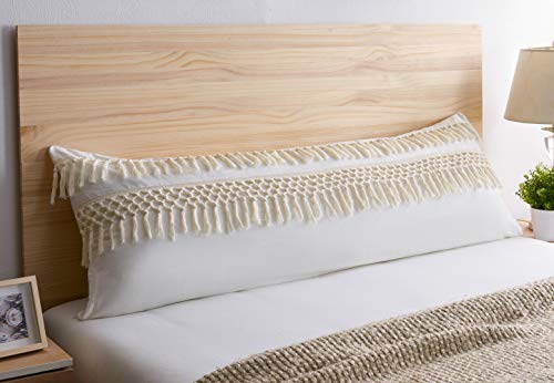 Boho Bohemian Macrame Tassel Ivory accent decorative couch long throw zipper body pillow cover case 54x20 Off White Cream Beige Cotton Fringe Knit Luxury Farmhouse Textured Rustic Tufted Room Decor - color: Ivory Fringe