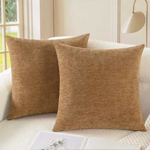 CaliTime Throw Pillow Covers Decorative 16 X 16 Inches Pack of 2 Cozy Chenille Cushion Case for Couch Sofa Bed Living Room Home Apricot Brown - color: Apricot Brown, size: 16" x 16" (Pack of 2)
