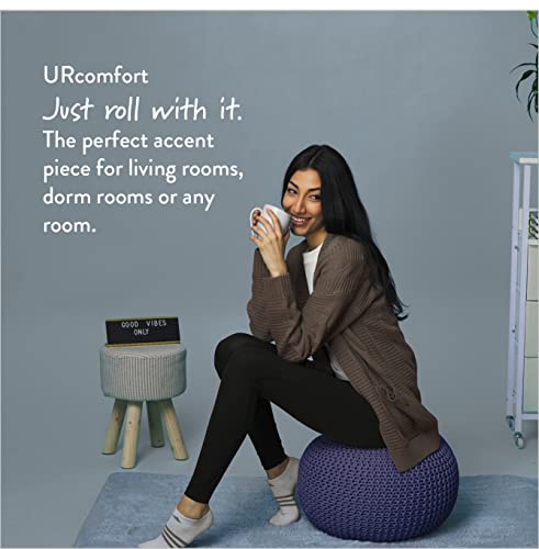 Urban Lifestyle Round Knit Pouf - Hand Woven Cotton, Navy - color: Indigo/Navy