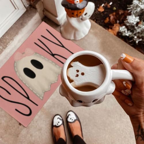 Halloween Door Mat,Spooky Ghost Pink Outdoor Mats for Front Door,Halloween Indoor Entrance Non-Slip Doormat,Halloween Entryway Welcome Rubber Mats for Front Porch Decor 30" x 17" - color: Spooky Ghost Pink Doormats