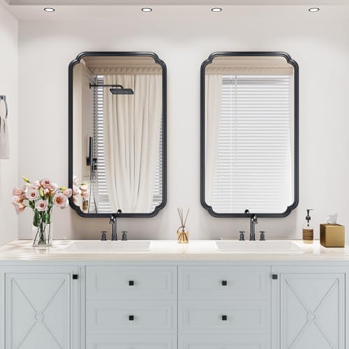 Ferytange 26"x40" Rustproof Bathroom Mirror Black, Round Corner Metal Frame Wall Mirror, Horizontal/Vertical Hanging Over Sink, Bedroom Bathroom Decor - color: Black, size: 40"L x 26"W