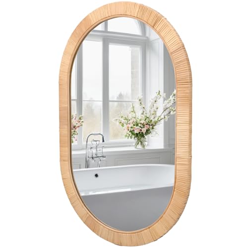 FUIN Handcrafted Rattan Oval Wall Mirror 20x30 – Natural Woven Wicker Frame for Boho Living Room & Entryway – High-Definition Shatter-Resistant Mirror – Vertical or Horizontal Biophilic Home Decor