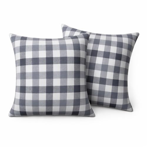 Native Fab Throw Pillow Covers 2 Pack, 18x18 Inches, 100% Cotton, Woven Gingham Plaid, Premium Decorative Cushion Cases, Modern Farmhouse Decor for Living Room, Sofa, Couch, Stone & Charcoal Grey - color: Gingham Stone & Charcoal Grey, size: 18" x 18" (Pa