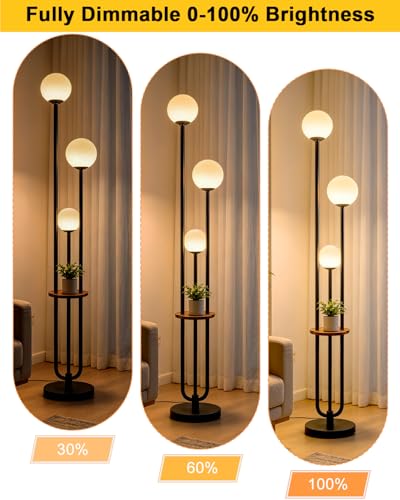 63IN Black Floor Lamp with Shelf Mid Century Modern Tall Standing Lamps with 3000K Warm White Bulb Included Dimmable Globe Floor Lamp with 5Lbs Heavy Base for Living Room/Bedroom/Home Decor - color: 3 Globe-Black Shelf