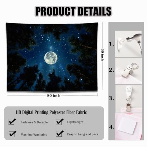 keowhsf Forest Galaxy Tapestry for Bedroom Ceiling - Starry Night Sky with Moon and Trees, Blue Aesthetic Wall Hanging, Milky Way Landscape Backdrop for Living Room and Dorm Decor - color: StarryNight, size: 80"L x 60"W