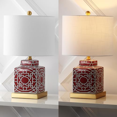 JONATHAN Y 22" Red/White Modern Ceramic Ginger Jar Table Lamp for Nightstand, Square Lattice Transitional Chinoiserie Lamp for Living Room, White Linen Shade, LED Bulb (JYL3044B) - color: Red/White