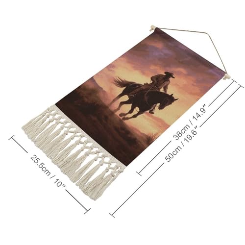 MUSM Boho Wall Hanging with Tassels - 10x19.6 Inch Cotton Linen Tapestry Art Print, Wood Frame & Hanging Rope, Cowboy West Poster for Living Room, Bedroom, Hallway Decor